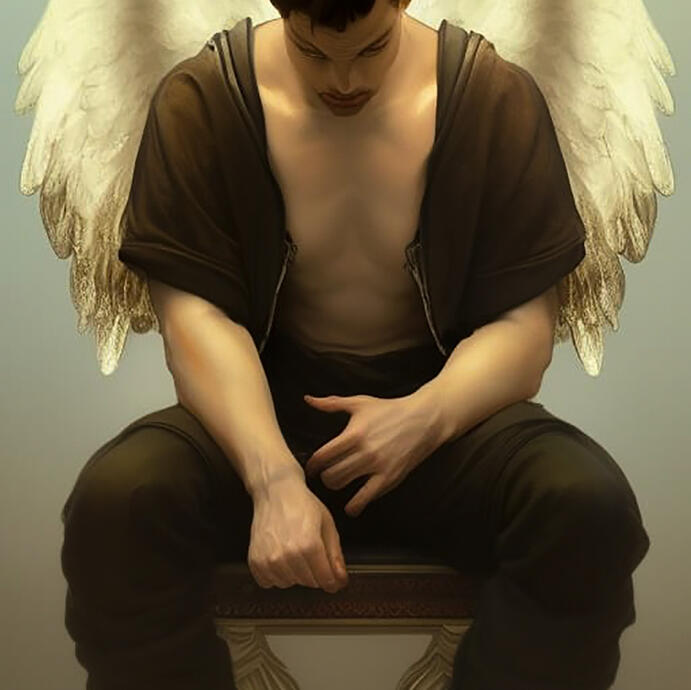 Broken angel sitting on a chair