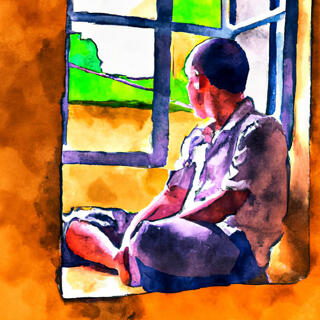 Boy looking through a window