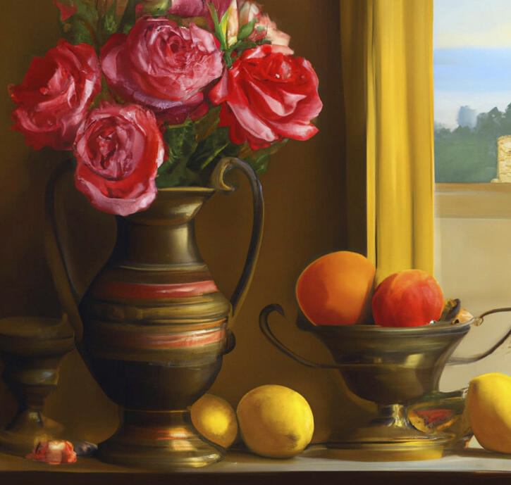 Roses in a vase with fruit